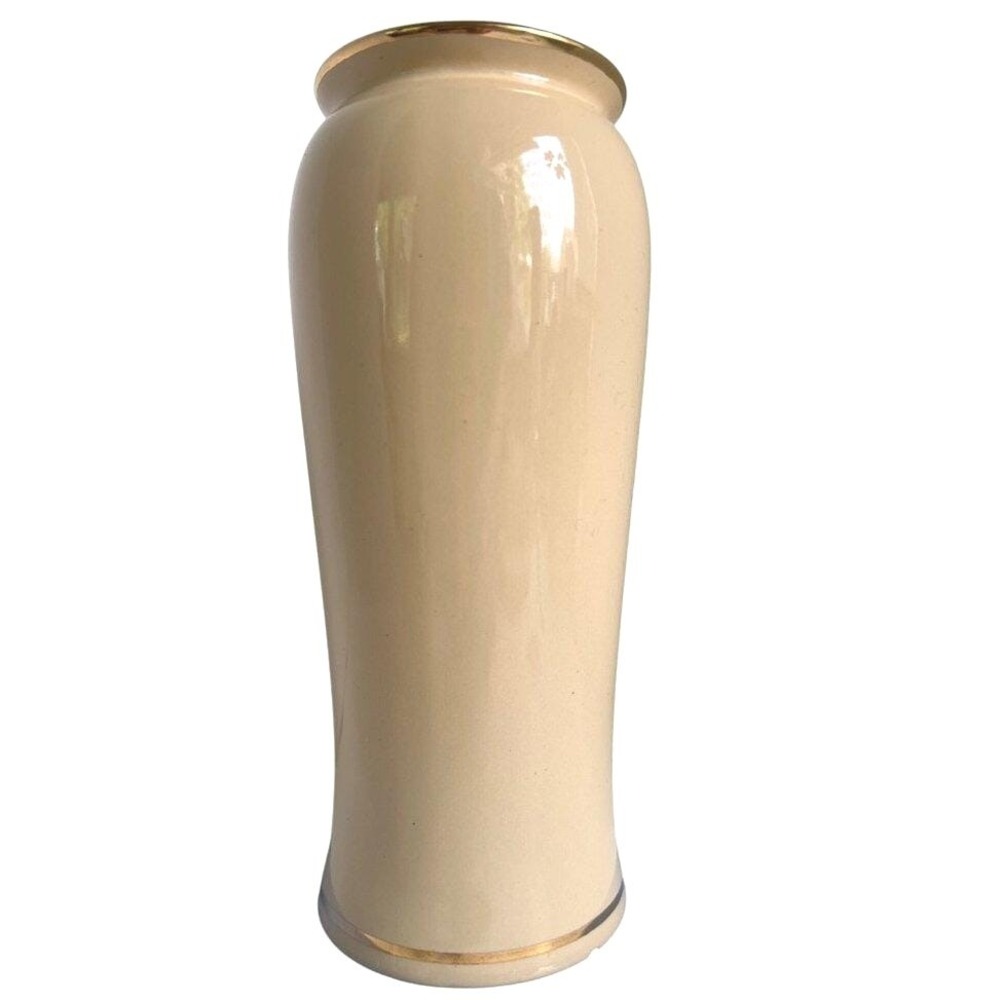 Vintage Royal Heager Beige Vase Gold Trim‎ 8.5 Tall MCM Collectible Minimalist